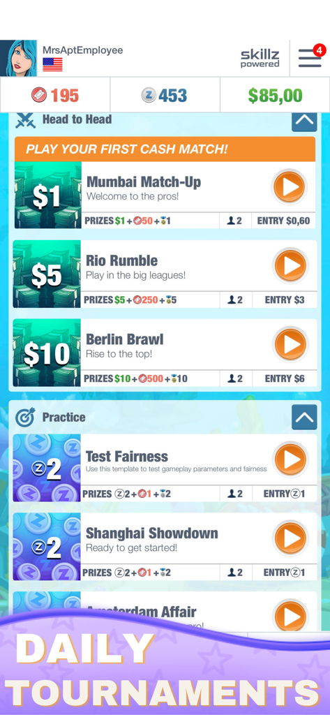 Real Bingo - Win Cash Prizes - Pantalla de menú de Bingo Real que muestra partidas en efectivo cara a cara y rondas de práctica impulsadas por Skillz