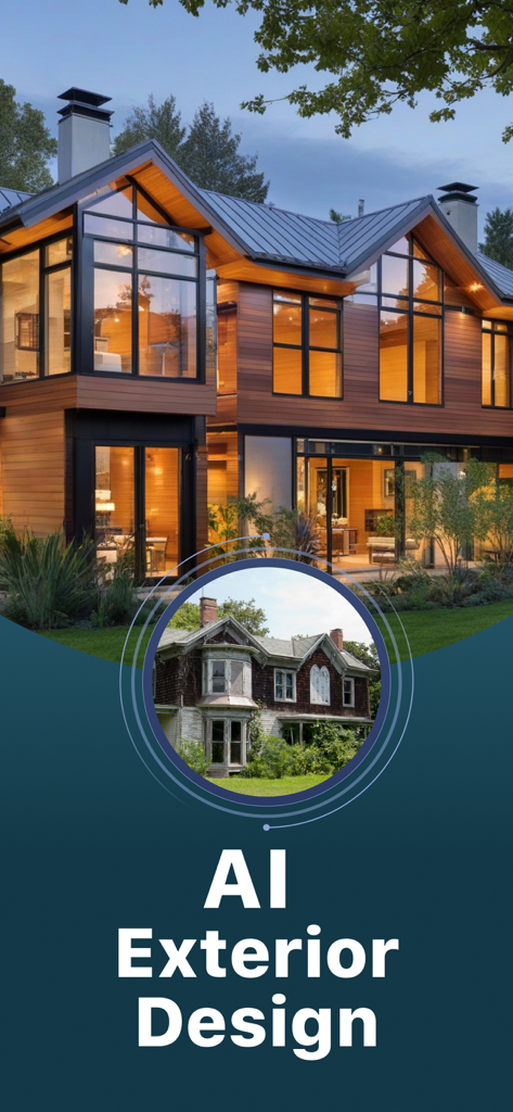 Deko: AI Home Design & Remodel - Modern home exterior makeover visualized from an old house using AI design technology