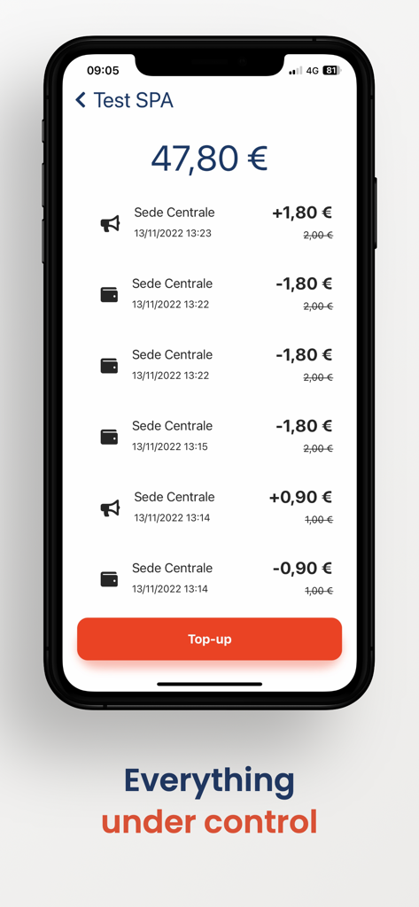 Apollo by FoodyTek - Apollo app screen displaying account balance and transaction history with a top-up button.