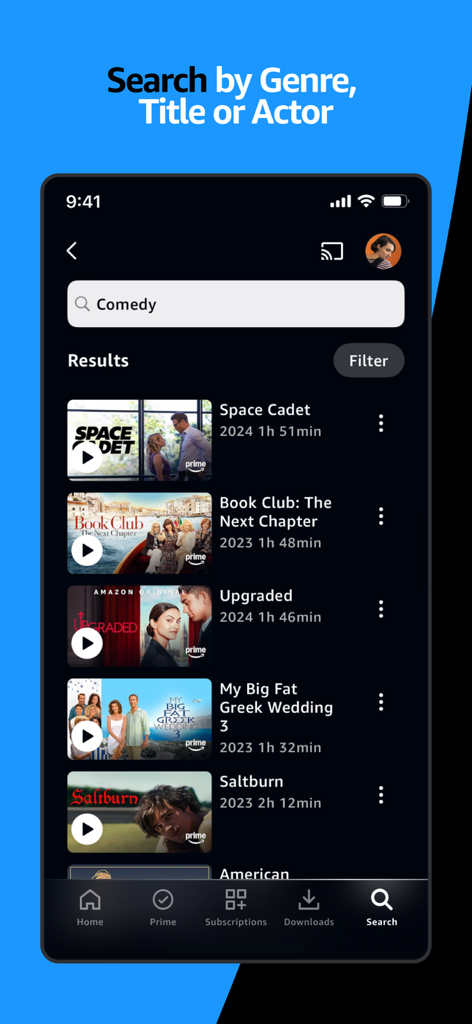 Amazon Prime Videoモバイルアプリの検索結果。SaltburnやSpace Cadetなどのコメディ映画が含まれています。