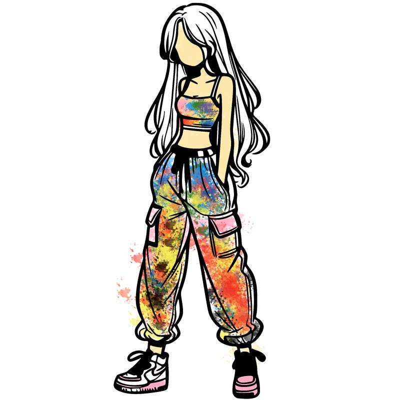 girl in baggy pants crop top and long hair