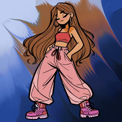 girl in baggy pants crop top and long hair