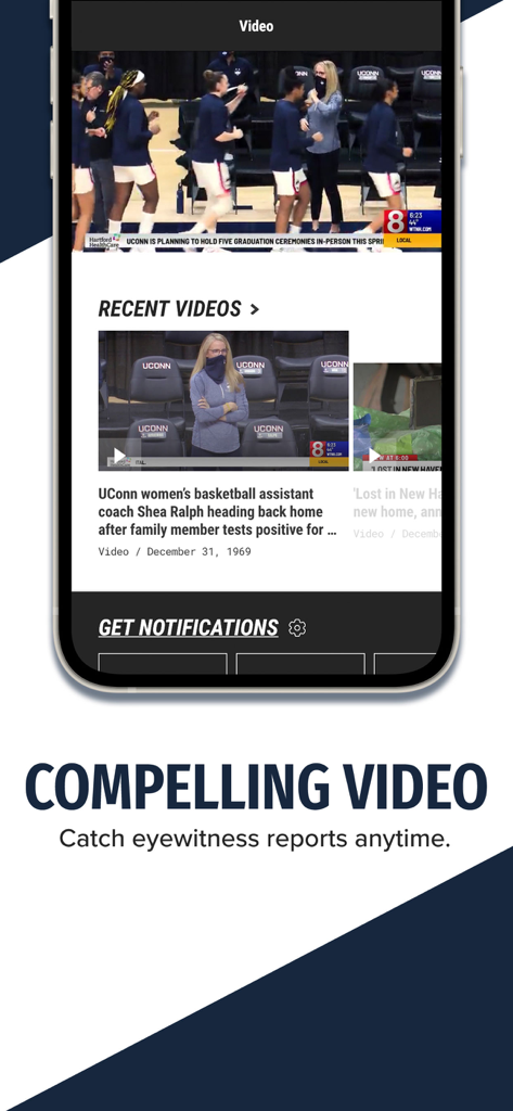 WTNH News 8 mobile app displaying recent local video reports and UConn sports news.