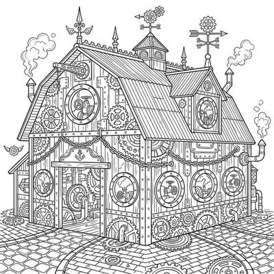 Step into a whimsical world where agriculture meets industry with this captivating Steampunk Hog Barn coloring page. Discover an imaginative fusion of rustic farm life and intricate Victorian-era machinery ready for your artistic touch.
