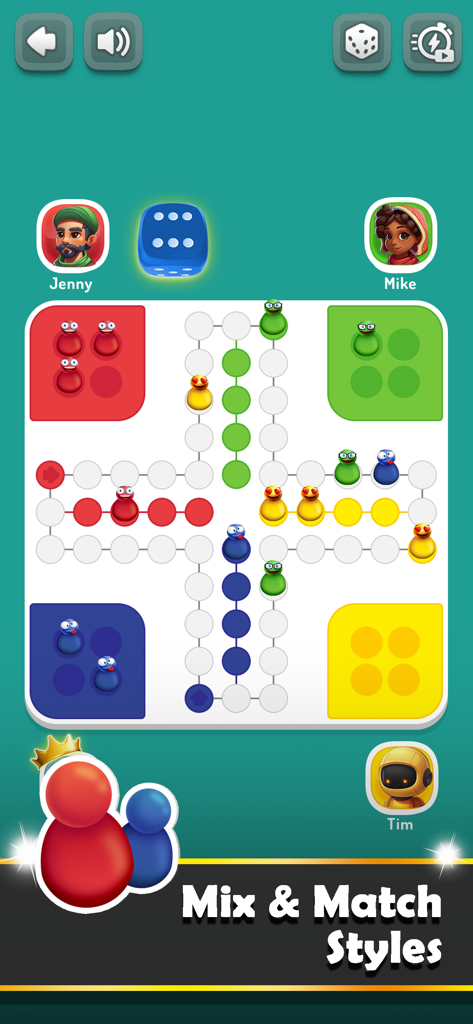 A gameplay screenshot of Ludo Trouble showing a colorful board game with custom avatars and piece styles