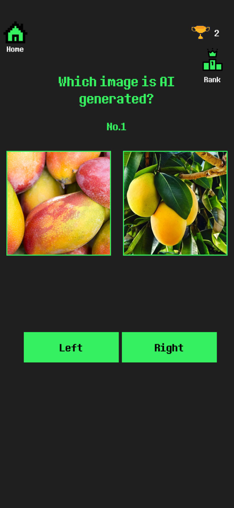 Pantalla del juego de preguntas sobre IA comparando dos imágenes de mangos para encontrar la generada por IA.