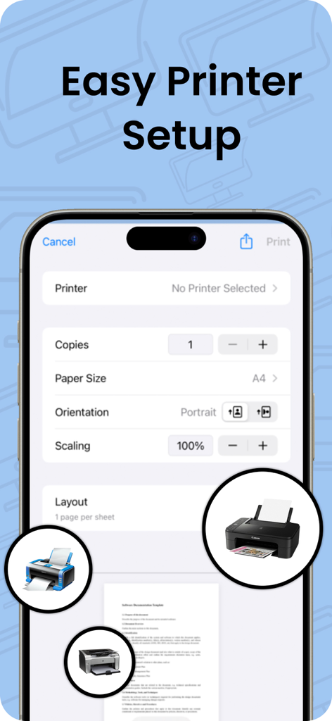 Printer App iprint Smart Print - Smartphone screen showing easy printer setup options for wireless printing
