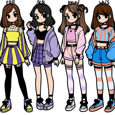 one girl with crop-top shirt and a jacket with a skirt, long socks and another girl with a shirt and pants with a jacket