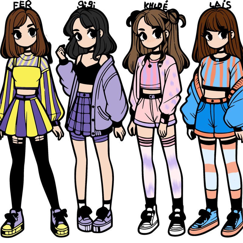 one girl with crop-top shirt and a jacket with a skirt, long socks and another girl with a shirt and pants with a jacket