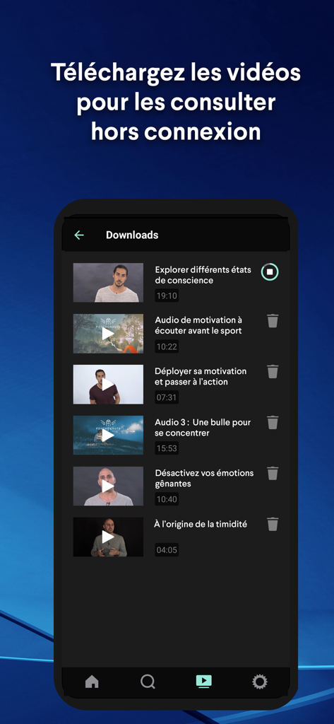 Pantalla de la aplicación Psychonaute que muestra una lista de videos descargados de hipnosis y bienestar mental para visualización sin conexión