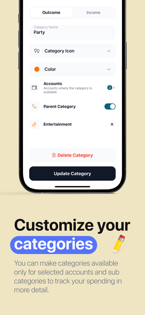 Money Flow: Easy Budget App - Interface do aplicativo Money Flow mostrando opções de personalização para categorias de orçamento, incluindo ícones e cores.