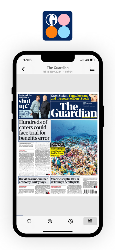 The Guardian Editions - Smartphone mostrando una réplica digital de la portada del periódico The Guardian