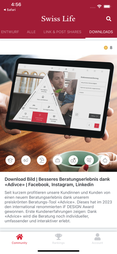 Brandvocate app interface showing marketing assets and social media content for download