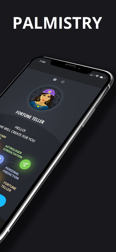 Screenshot of a palm reading app featuring a fortune teller character and astrological consultation options