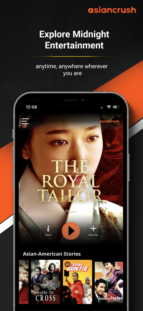 AsianCrush - Movies & TV - Smartphone screen displaying the AsianCrush app featuring the movie The Royal Tailor