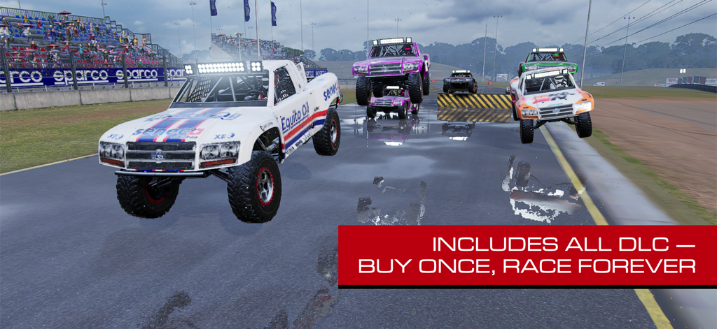 GRID™ Legends: Deluxe Edition - Vários caminhões off-road saltando em uma pista de corrida molhada em GRID Legends Edição Deluxe