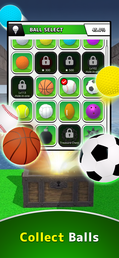 A menu screen in the Mini Golf 1000 app showing a variety of unlockable sports balls and a treasure chest.