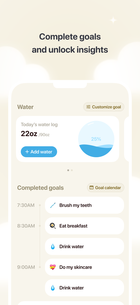 Screenshot of Callie app showing water intake progress and a checklist of completed morning self care habits.