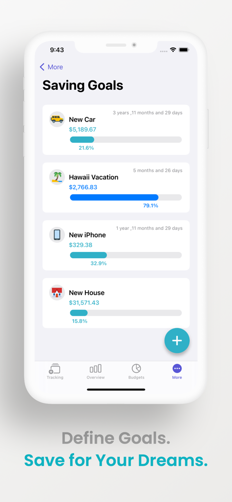 Application SpendNotes montrant les objectifs d'épargne pour une nouvelle voiture, des vacances et une maison avec des barres de progression.