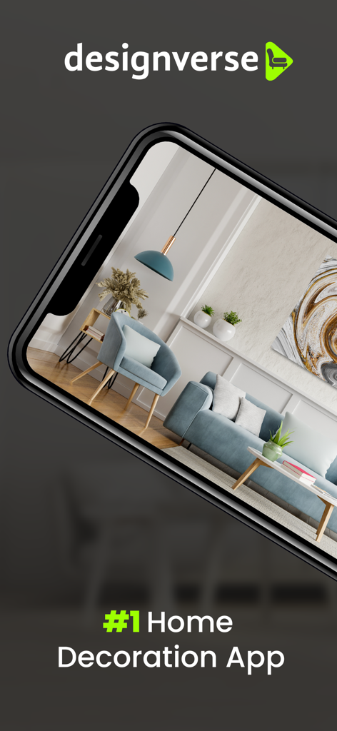 Home Design 3D : Designverse - Un smartphone mostrando un diseño interior 3D realista de una sala de estar con muebles azules modernos dentro de la aplicación Designverse