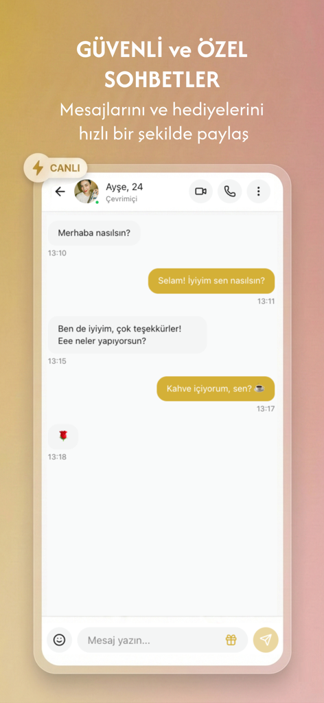 Nasip - Görüntülü Sohbet - Uma captura de tela do aplicativo móvel Nasip mostrando uma interface de bate-papo privado segura com mensagens de texto em turco