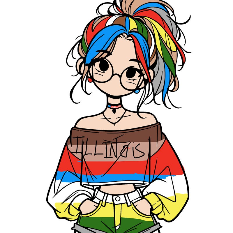 girl with a messy ponytail glasses a baggy crop top and jean shorts