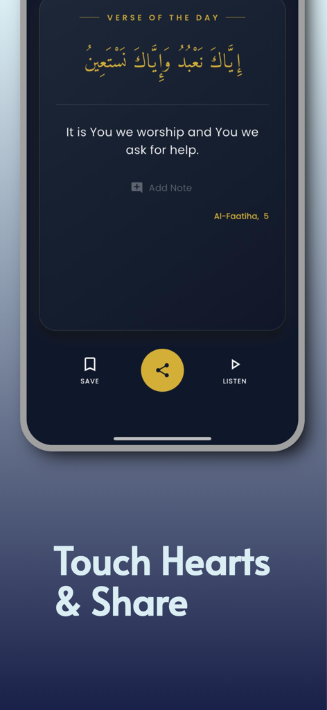 Quran Dairy - Minimalist mobile app screen showing an aesthetic Quran verse card with sharing and listening options under the heading Touch Hearts and Share