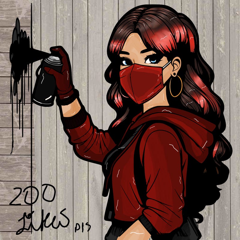 realistic girl with mask spray painting a wall