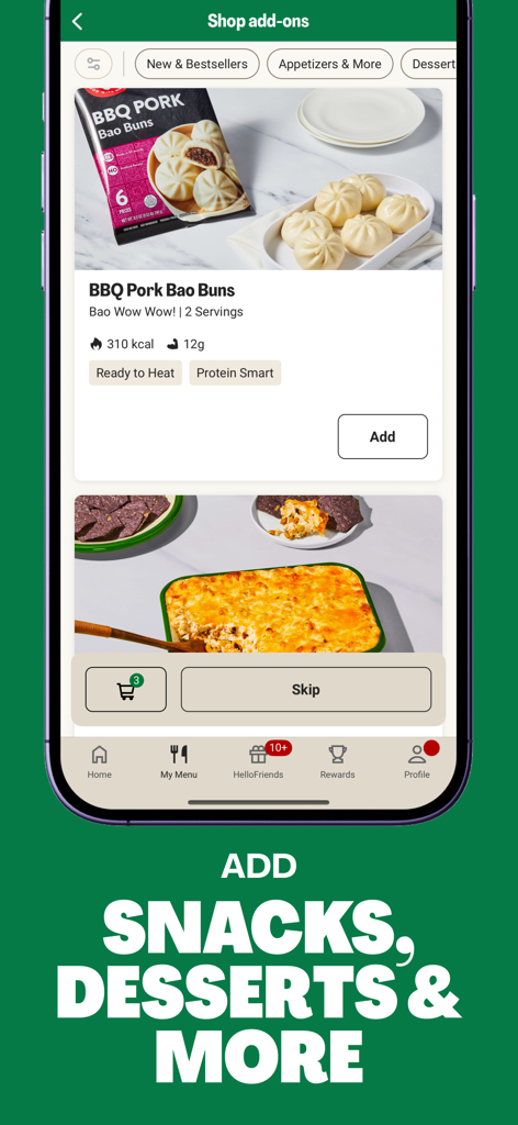 HelloFresh app interface for adding snacks and desserts to a meal order