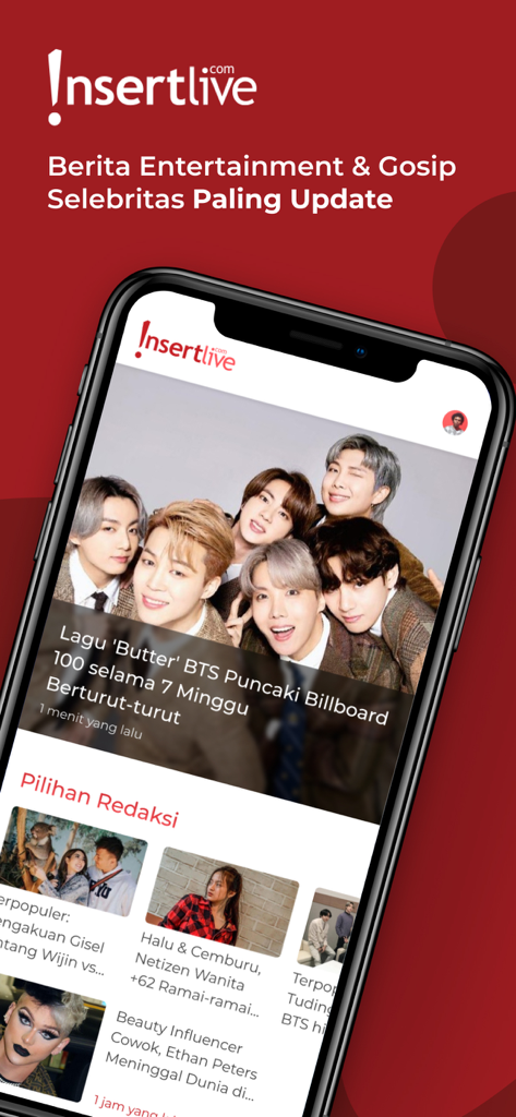 InsertLive mobile app interface showing latest entertainment news and celebrity gossip featuring BTS