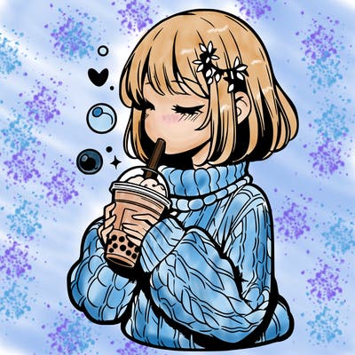 manga girl drinking boba in cozy sweater