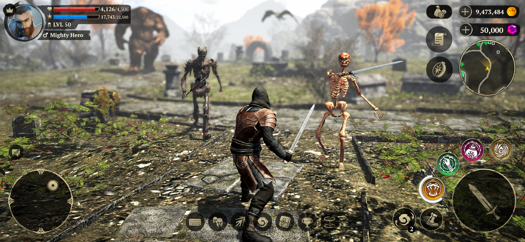 Evil Lands: Epic MMORPG game - Un eroe di livello 50 combatte guerrieri scheletrici nel mondo 3D di Evil Lands MMORPG.