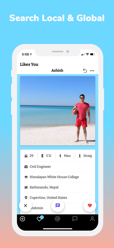 Mooche - Modern Nepali Dating - Mooche dating app profile screen showing a user profile with local and global search features