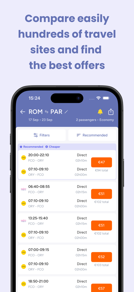 Jetcost: flights and cars - Jetcostアプリのフライト検索結果。ローマとパリ間のさまざまな旅行オファーを表示