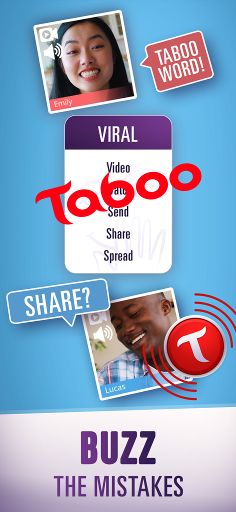 Taboo game screenshot featuring players using video chat and a buzzer to play remotely