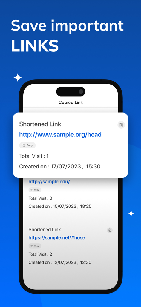 Link Opener app interface showing a list of saved URLs with visit counts and creation dates.