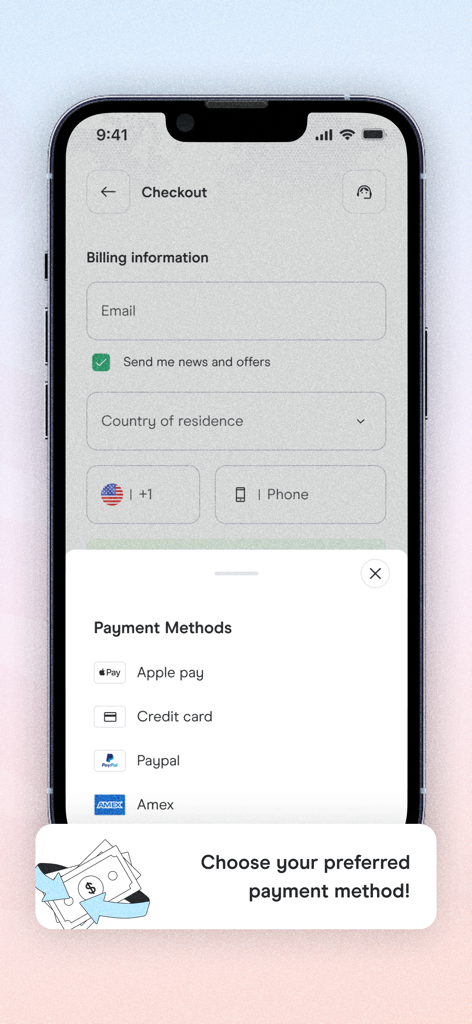 Checkout screen of Holafly eSIM app showing available payment methods like Apple Pay and PayPal.
