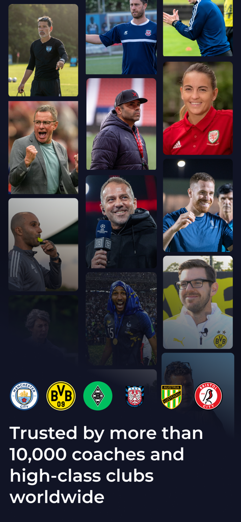 coachbetter - Grid of professional soccer coaches and logos of elite clubs showing trust in coachbetter
