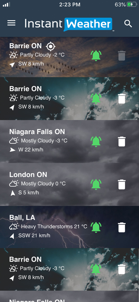 Instant Weather - Instant Weather app screen showing a list of saved locations with current weather conditions and alert settings