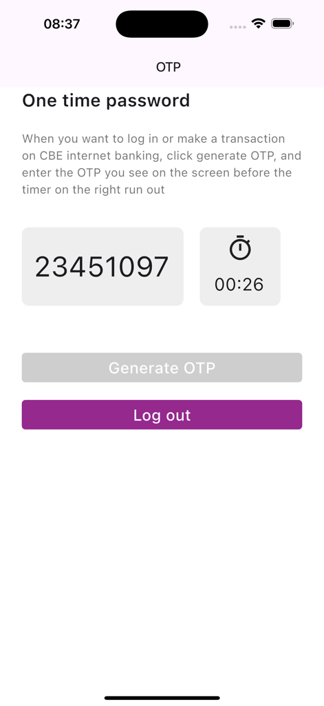 CBE Soft Token - Mobile screen of CBE Soft Token app displaying a generated one time password and a countdown timer