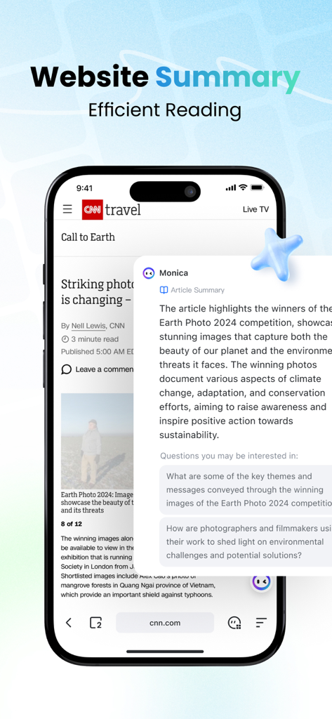 Aplicativo Monica AI search exibindo um resumo automatizado de artigo em um smartphone para leitura eficiente