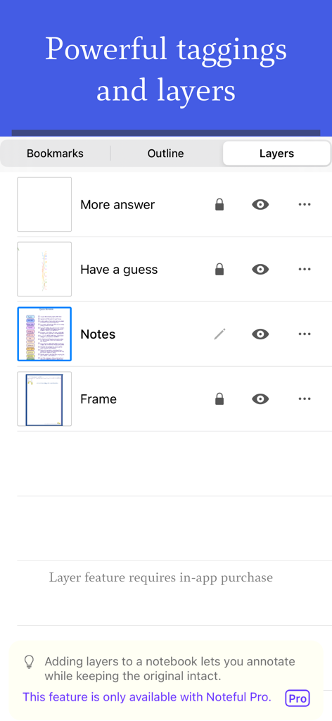 Noteful: Notes & PDF Markup - Interface of the Noteful app showing the layers management panel for organizing digital annotations and notes