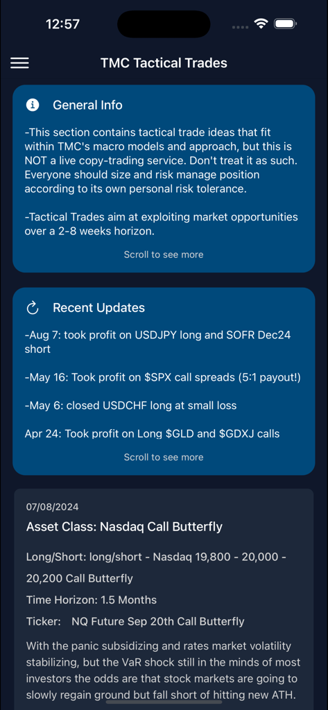 The Macro Compass - Screenshot of The Macro Compass app showing tactical trade ideas and recent market updates.