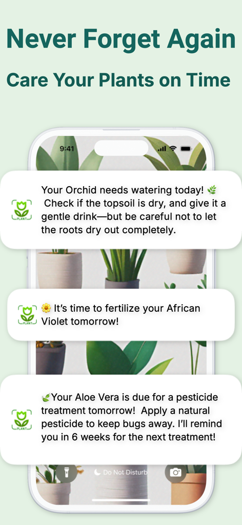 Tela de aplicativo móvel mostrando notificações push para lembretes de rega, fertilização e tratamento de pragas de plantas.