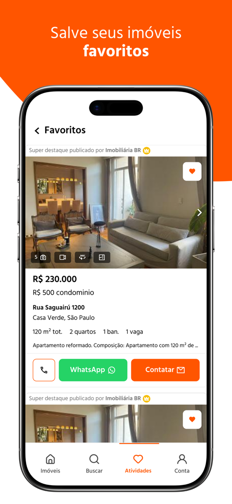 Imovelweb App-Favoriten-Bildschirm mit einer Immobilienanzeige in Brasilien mit Kontaktmöglichkeiten