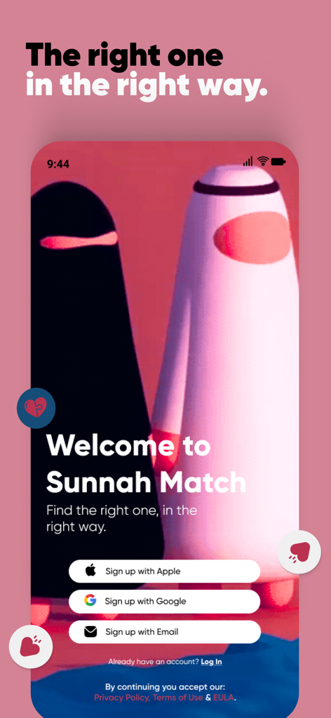 Welcome screen of Sunnah Match app showing signup options for Muslim marriage
