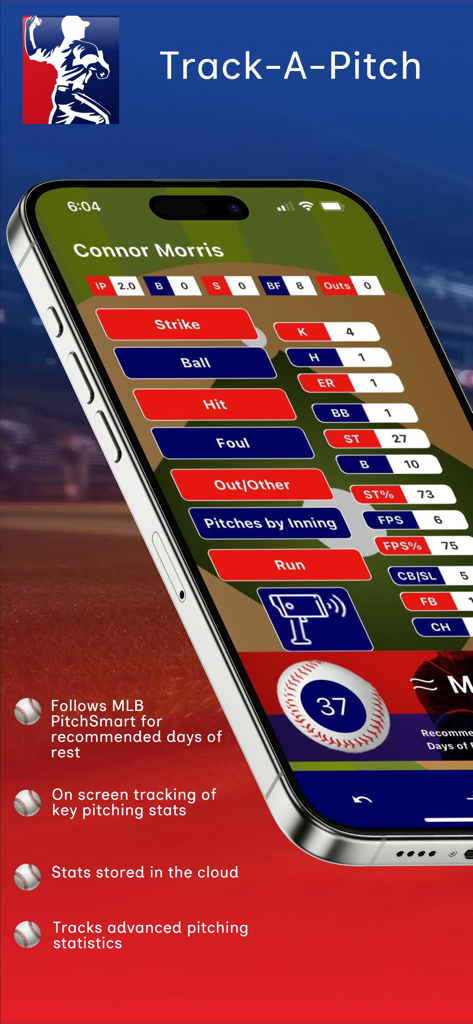 Tela do iPhone exibindo a interface do aplicativo Track-A-Pitch com estatísticas de arremesso em tempo real e botões de contagem de arremessos