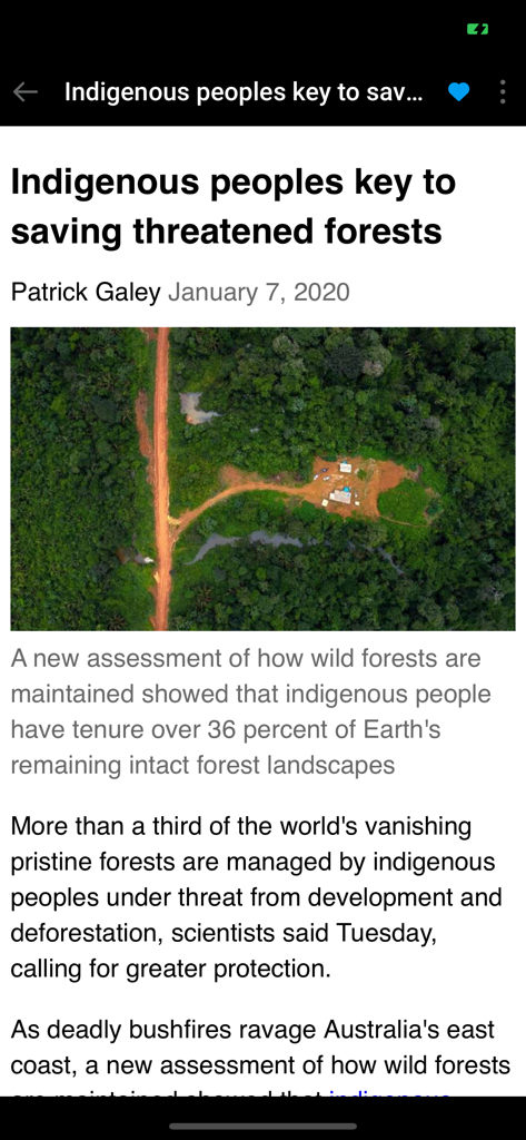 Screenshot of a science news article on the Phys.org app titled Indigenous peoples key to saving threatened forests