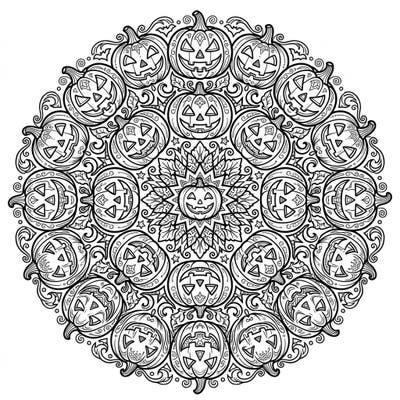Dive into the spirit of Halloween with this enchanting Jack-o'-lantern Mandala coloring page. Its perfectly symmetrical design, filled with intricately carved pumpkins, promises a wonderfully relaxing and creative coloring experience.