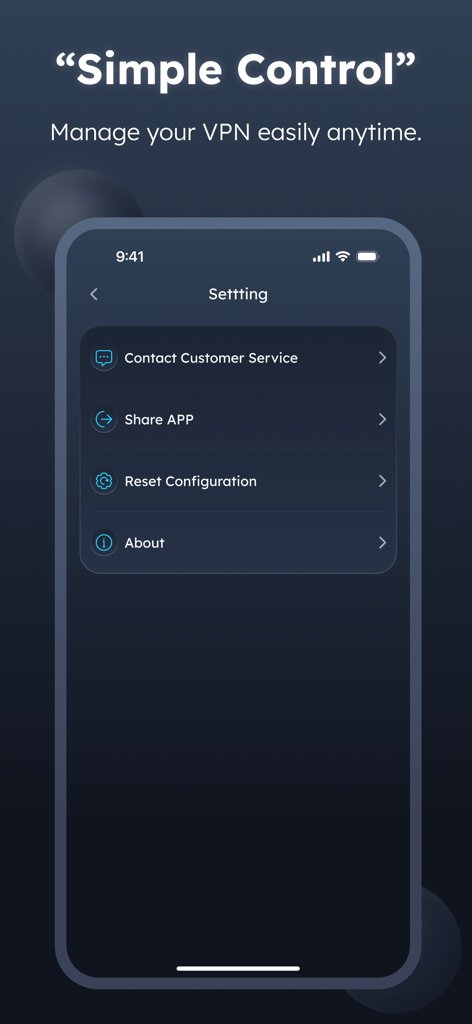 Menú de configuración de la aplicación Buck VPN que muestra opciones de control sencillas